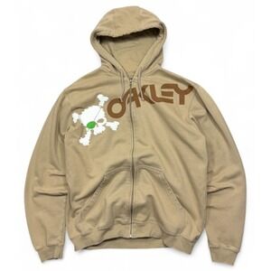 Vintage Y2K Oakley Hoodie Tan Beige Large Skull Crossbones
